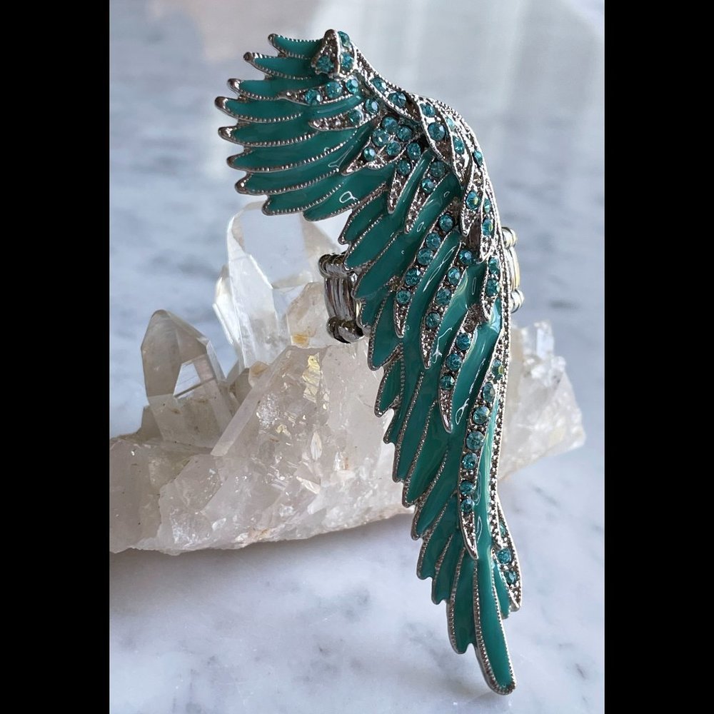Enameled Angel Wing Ring with Crystals & Whimsy, Stretch Adjustable Sizing